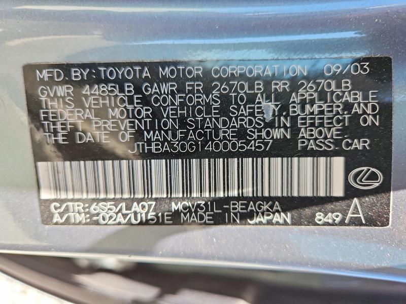 Aukcja sprzedaży 2004 Lexus Es, vin: JTHBA30G140005457, numer aukcji: 57475826