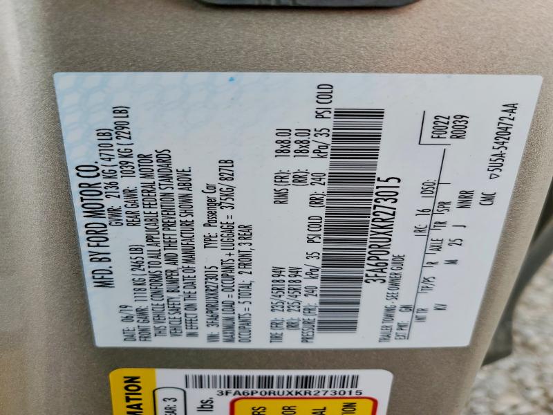 Aukcja sprzedaży 2019 Ford Fusion, vin: 3FA6P0RUXKR273015, numer aukcji: 57526206
