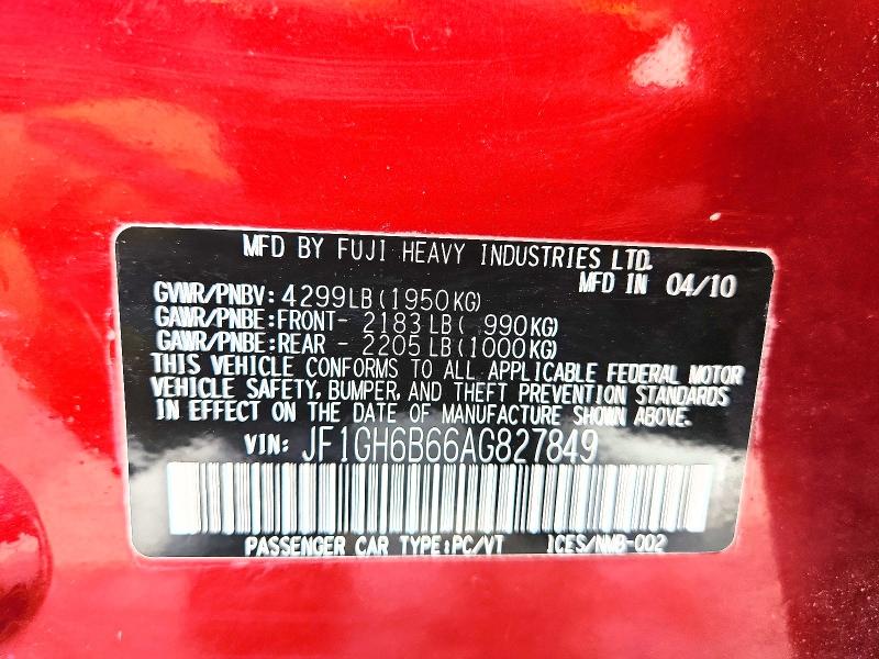 Продаж на аукціоні авто 2010 Subaru Impreza, vin: JF1GH6B66AG827849, номер лоту: 55947936
