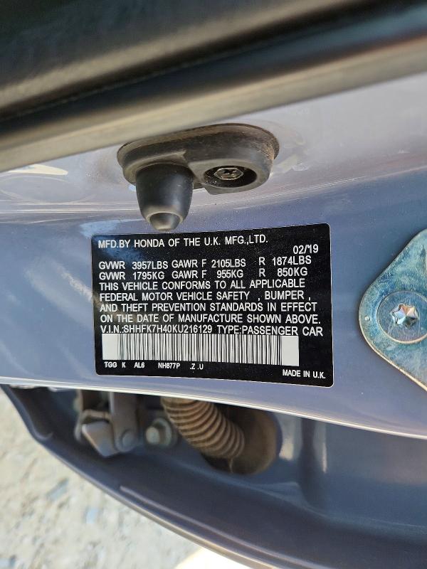 2019 Honda Civic მანქანა იყიდება აუქციონზე, vin: SHHFK7H40KU216129, აუქციონის ნომერი: 55946706