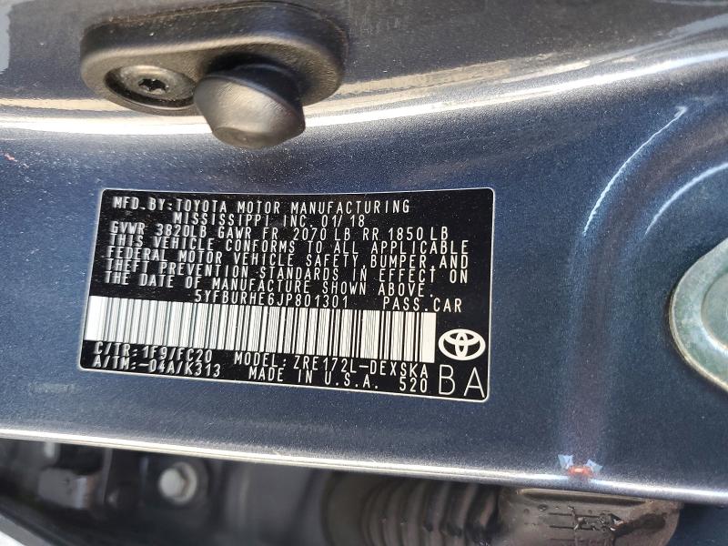 2018 Toyota Corolla მანქანა იყიდება აუქციონზე, vin: 5YFBURHE6JP801301, აუქციონის ნომერი: 56191126