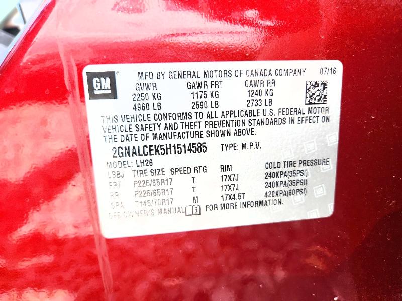 Продажа на аукционе авто 2017 Chevrolet Equinox, vin: 2GNALCEK5H1514585, номер лота: 55874306