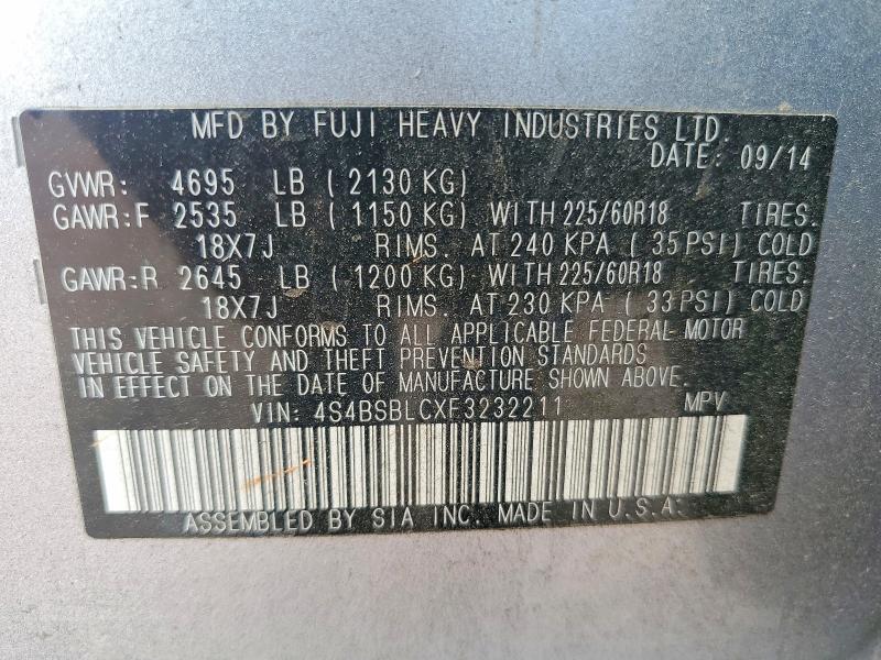 Aukcja sprzedaży 2015 Subaru Outback, vin: 4S4BSBLCXF3232211, numer aukcji: 41634266