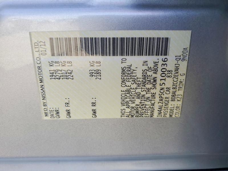 56530736 :رقم المزاد ، 1N4AL2AP5CN510036 vin ، 2012 Nissan Altima مزاد بيع