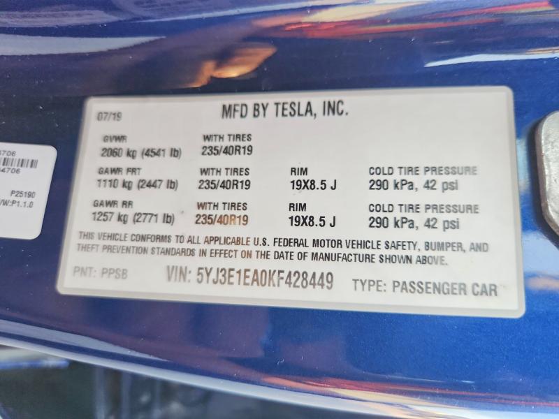 58518036 :رقم المزاد ، 5YJ3E1EA0KF428449 vin ، 2019 Tesla Model 3 مزاد بيع