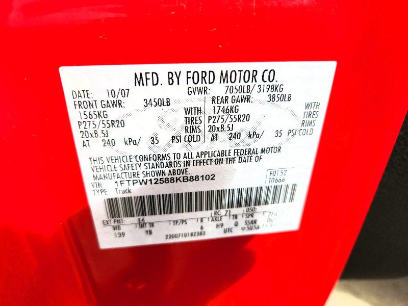 2008 Ford F150 მანქანა იყიდება აუქციონზე, vin: 1FTPW12588KB88102, აუქციონის ნომერი: 58251766