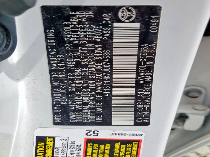 Aukcja sprzedaży 2018 Toyota Camry, vin: 4T1B11HK7JU074586, numer aukcji: 58011996