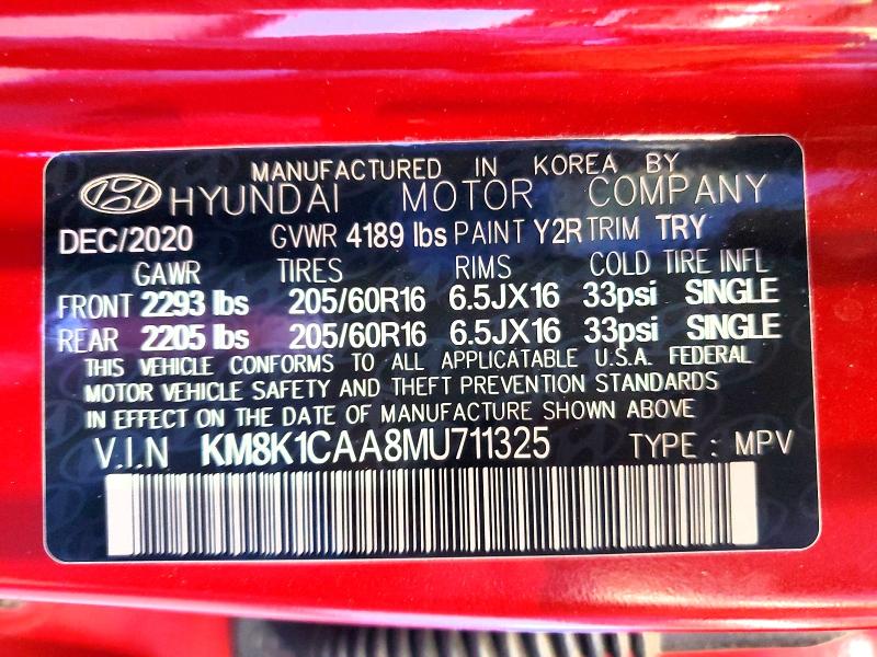 58098436 :رقم المزاد ، KM8K1CAA8MU711325 vin ، 2021 Hyundai Kona مزاد بيع