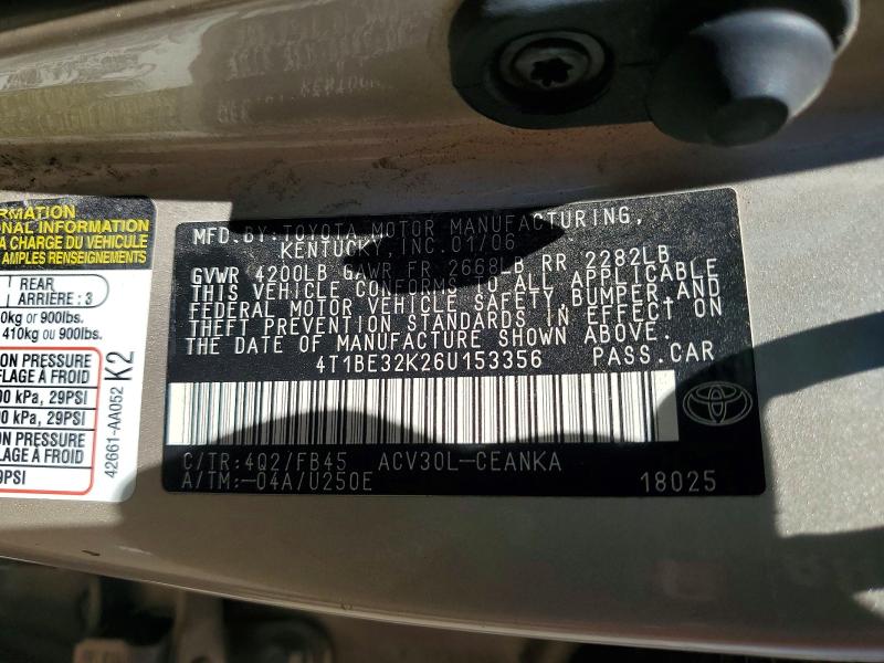 Продажа на аукционе авто 2006 Toyota Camry, vin: 4T1BE32K26U153356, номер лота: 52034956