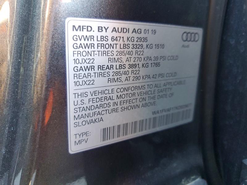 2019 Audi Q8 მანქანა იყიდება აუქციონზე, vin: WA1FVAF17KD025677, აუქციონის ნომერი: 58778946