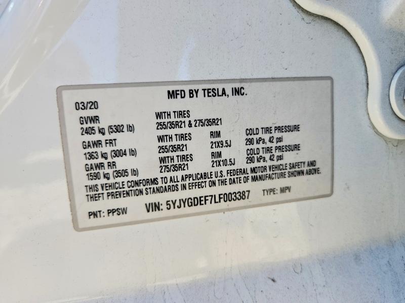 57545086 :رقم المزاد ، 5YJYGDEF7LF003387 vin ، 2020 Tesla Model Y مزاد بيع