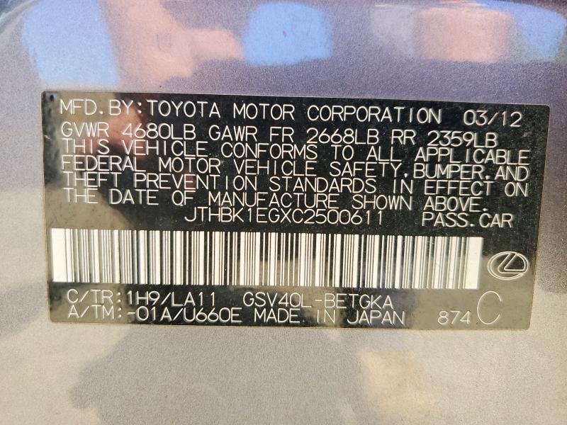 Aukcja sprzedaży 2012 Lexus Es, vin: JTHBK1EGXC2500611, numer aukcji: 55751786