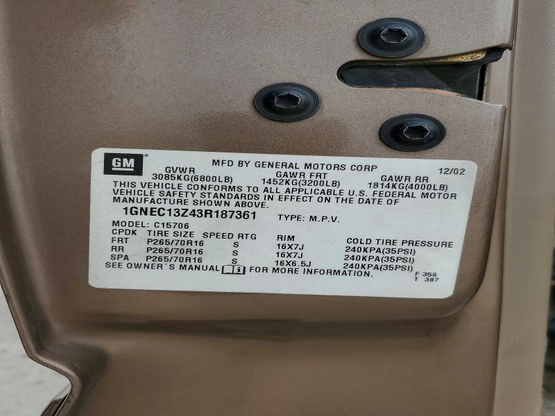2003 Chevrolet Tahoe მანქანა იყიდება აუქციონზე, vin: 1GNEC13Z43R187361, აუქციონის ნომერი: 56261686