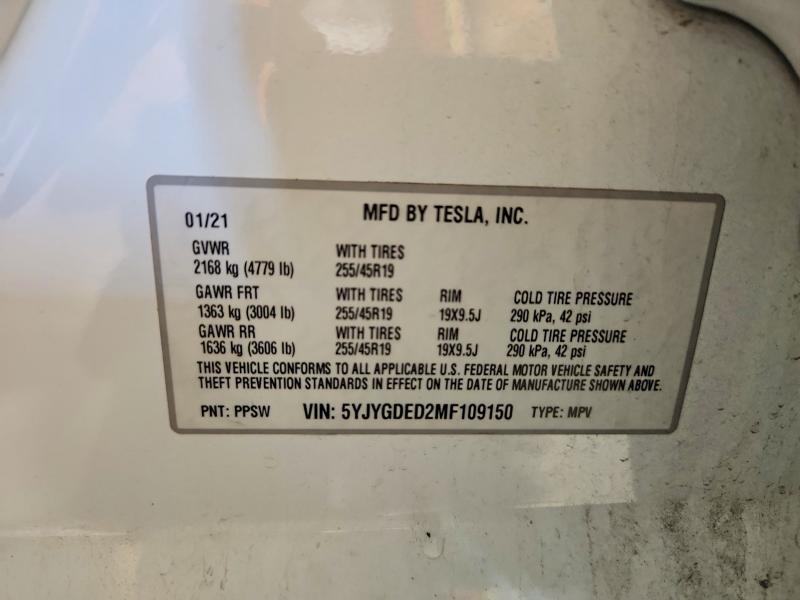 Продаж на аукціоні авто 2021 Tesla Model Y, vin: 5YJYGDED2MF109150, номер лоту: 58419356