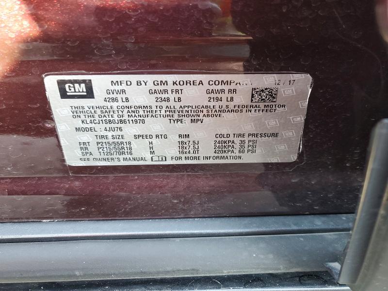 2018 Buick Encore მანქანა იყიდება აუქციონზე, vin: KL4CJ1SB0JB611970, აუქციონის ნომერი: 57726536