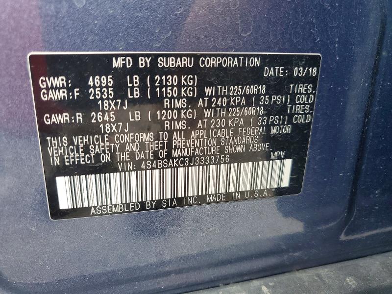 58524516 :رقم المزاد ، 4S4BSAKC3J3333756 vin ، 2018 Subaru Outback مزاد بيع