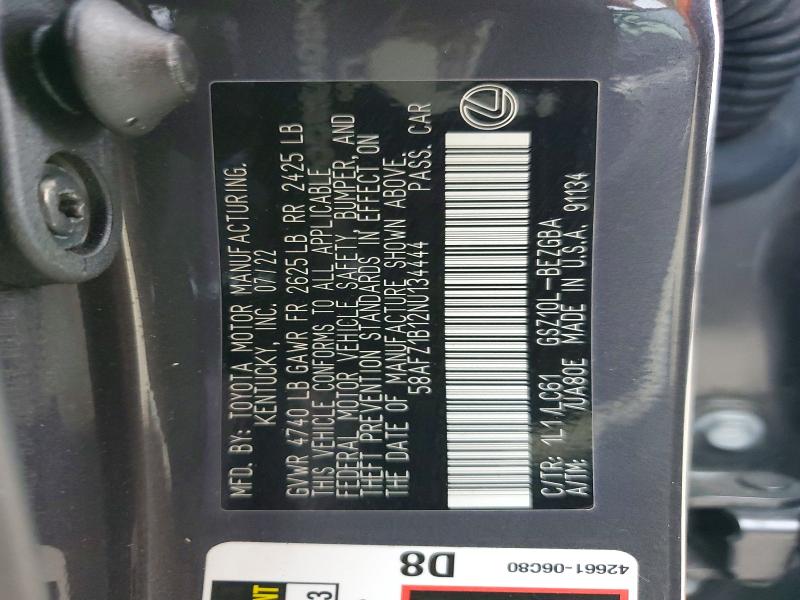 Aukcja sprzedaży 2022 Lexus Es 350, vin: 58AFZ1B12NU134444, numer aukcji: 56845896
