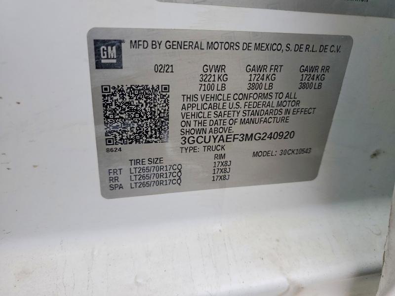 Продаж на аукціоні авто 2021 Chevrolet Silverado, vin: 3GCUYAEF3MG240920, номер лоту: 61814476