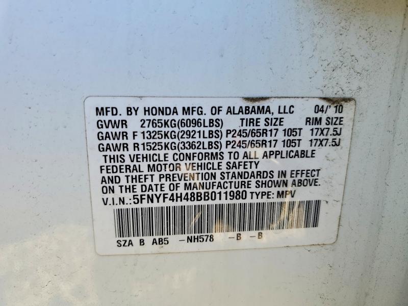 2011 Honda Pilot მანქანა იყიდება აუქციონზე, vin: 5FNYF4H48BB011980, აუქციონის ნომერი: 55078296
