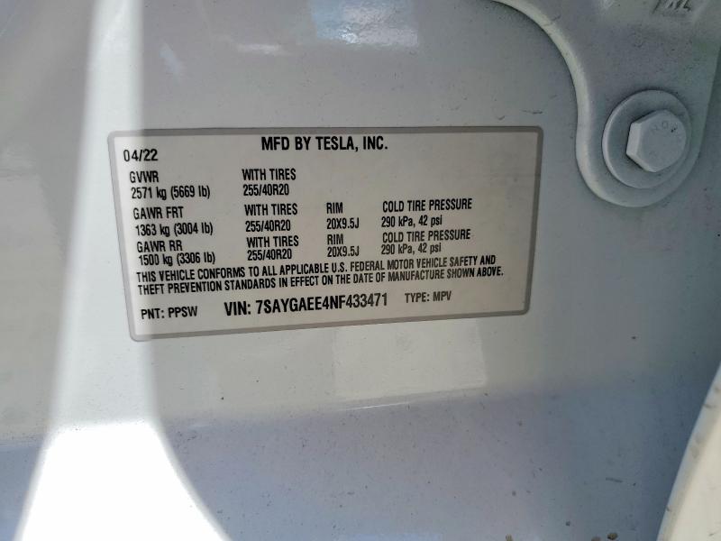 2022 Tesla Model Y მანქანა იყიდება აუქციონზე, vin: 7SAYGAEE4NF433471, აუქციონის ნომერი: 58598956