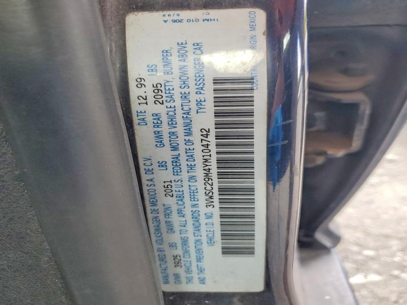 57581516 :رقم المزاد ، 3VWSC29M4YM104742 vin ، 2000 Volkswagen Jetta مزاد بيع
