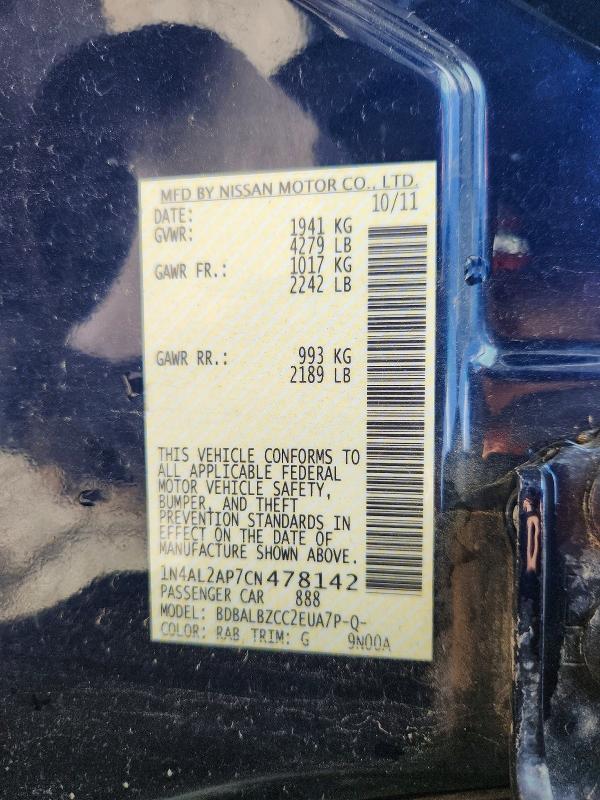 2012 Nissan Altima მანქანა იყიდება აუქციონზე, vin: 1N4AL2AP7CN478142, აუქციონის ნომერი: 57192296