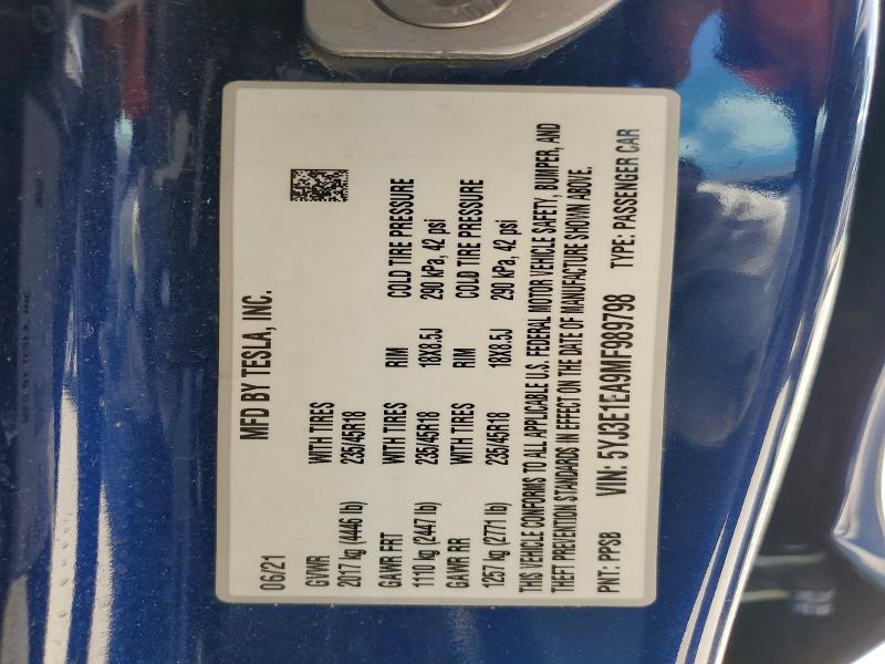 58064286 :رقم المزاد ، 5YJ3E1EA9MF989798 vin ، 2021 Tesla Model 3 مزاد بيع