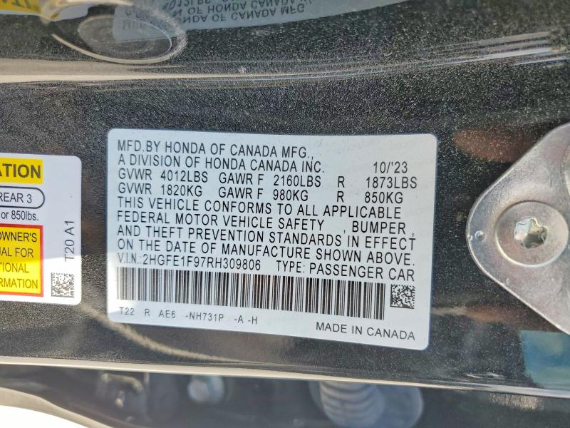Продажа на аукционе авто 2024 Honda Civic, vin: 2HGFE1F97RH309806, номер лота: 57212626
