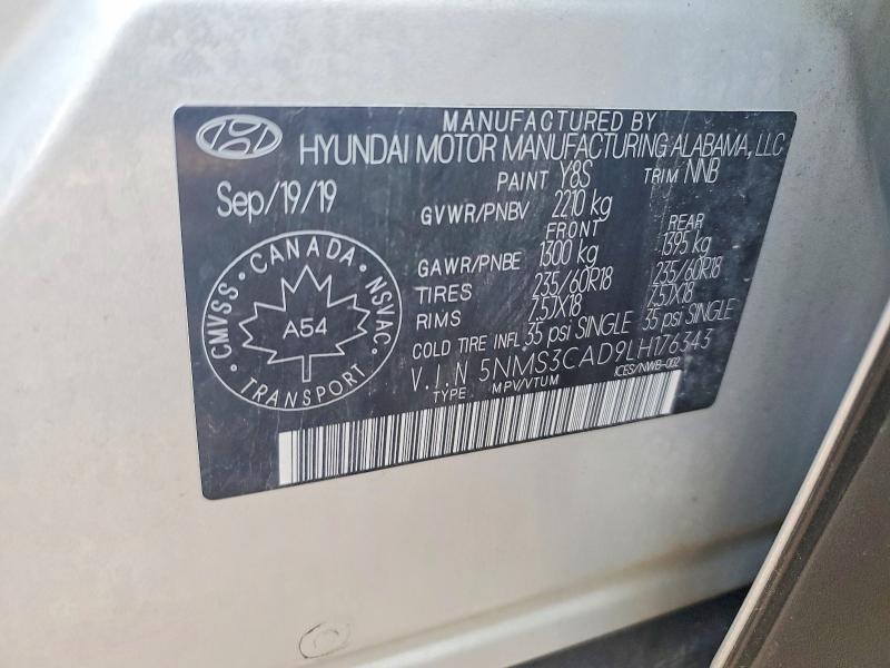2020 Hyundai Santa Fe მანქანა იყიდება აუქციონზე, vin: 5NMS3CAD9LH176343, აუქციონის ნომერი: 56964476