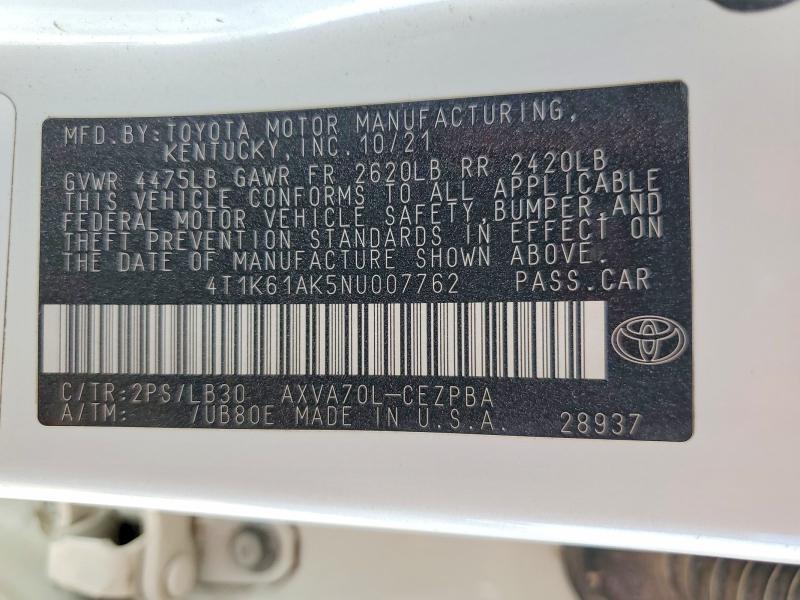 Aukcja sprzedaży 2022 Toyota Camry, vin: 4T1K61AK5NU007762, numer aukcji: 85619225