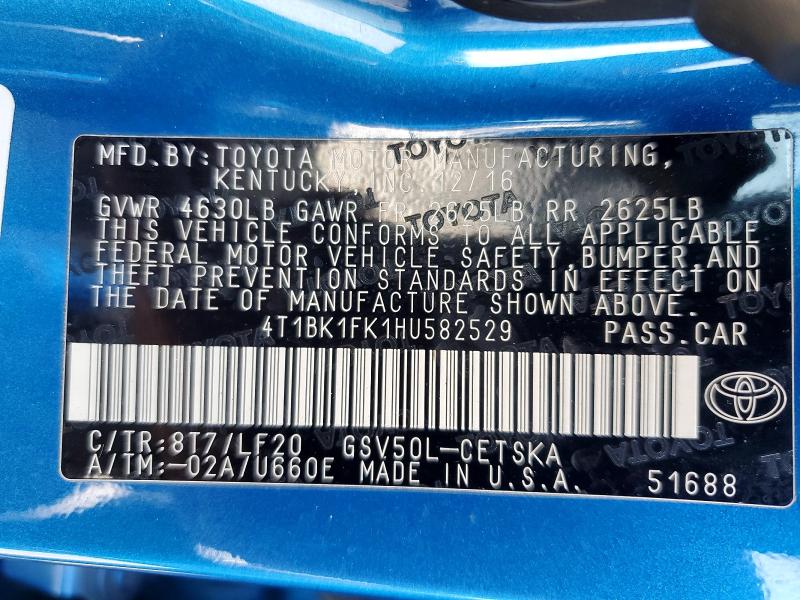 2017 Toyota Camry მანქანა იყიდება აუქციონზე, vin: 4T1BK1FK1HU582529, აუქციონის ნომერი: 55838396