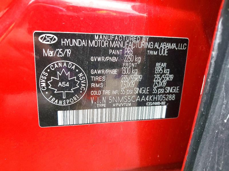 Aukcja sprzedaży 2019 Hyundai Santa Fe, vin: 5NMS5CAA4KH105288, numer aukcji: 58031976