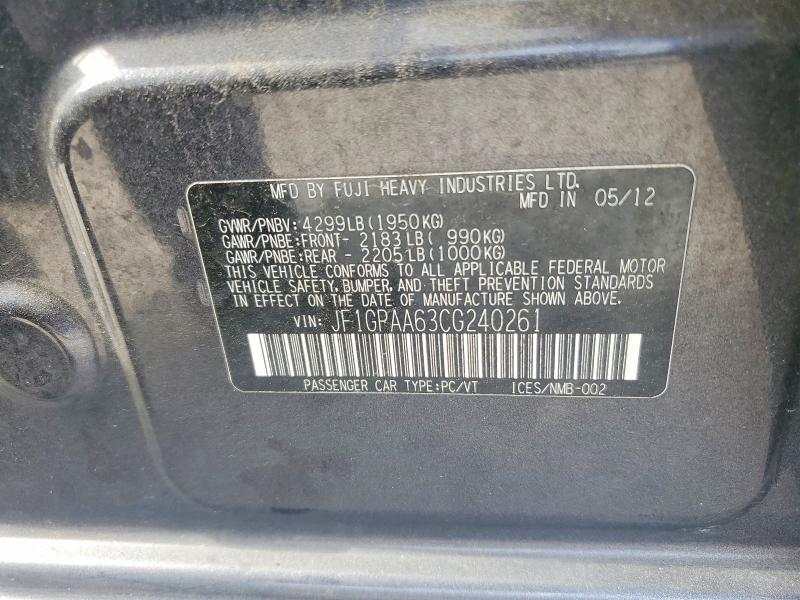 58622056 :رقم المزاد ، JF1GPAA63CG240261 vin ، 2012 Subaru Impreza مزاد بيع