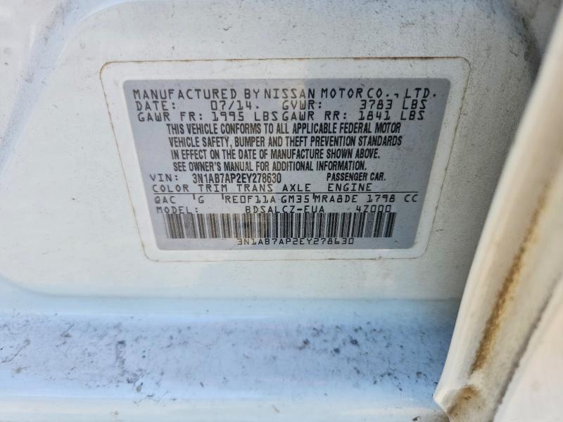 2014 Nissan Sentra მანქანა იყიდება აუქციონზე, vin: 3N1AB7AP2EY278630, აუქციონის ნომერი: 57644186