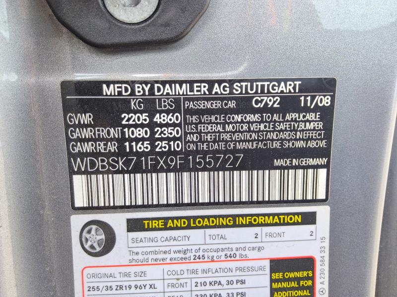 Aukcja sprzedaży 2009 Mercedes-benz Sl, vin: WDBSK71FX9F155727, numer aukcji: 56543256