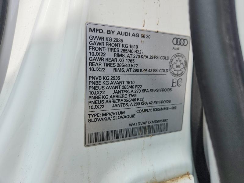 Aukcja sprzedaży 2021 Audi Q8, vin: WA1DVAF1XMD005692, numer aukcji: 56847216