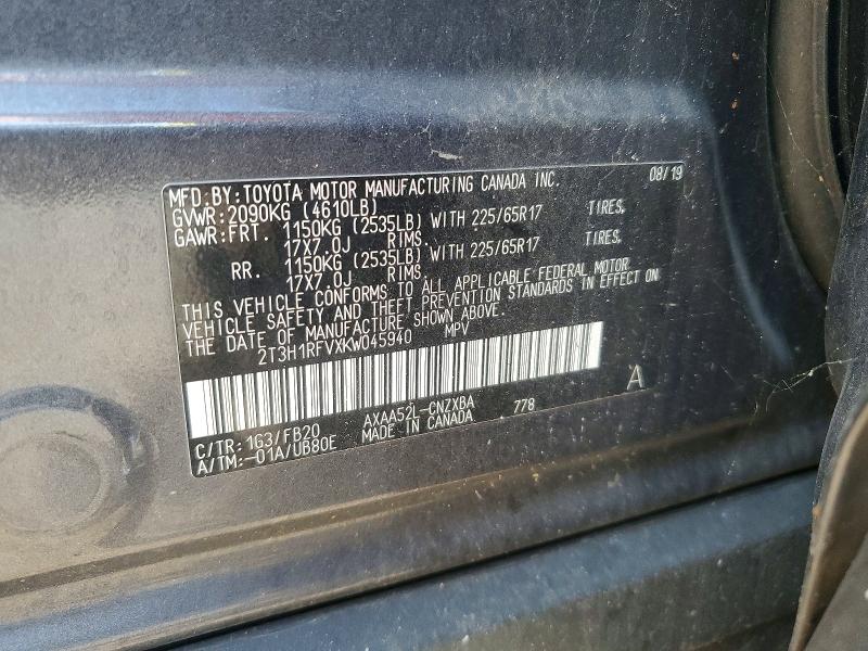 85450325 :رقم المزاد ، 2T3H1RFVXKW045940 vin ، 2019 Toyota Rav4 مزاد بيع