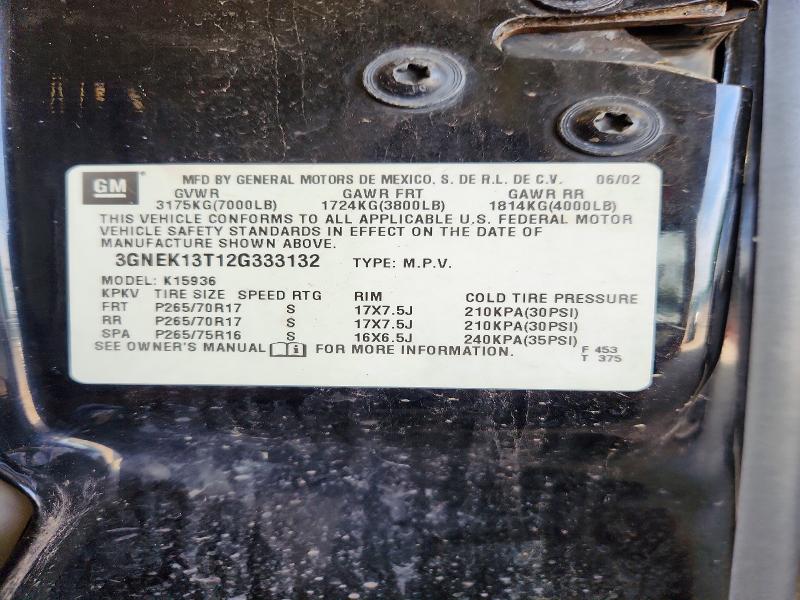 2002 Chevrolet Avalanche მანქანა იყიდება აუქციონზე, vin: 3GNEK13T12G333132, აუქციონის ნომერი: 57020446