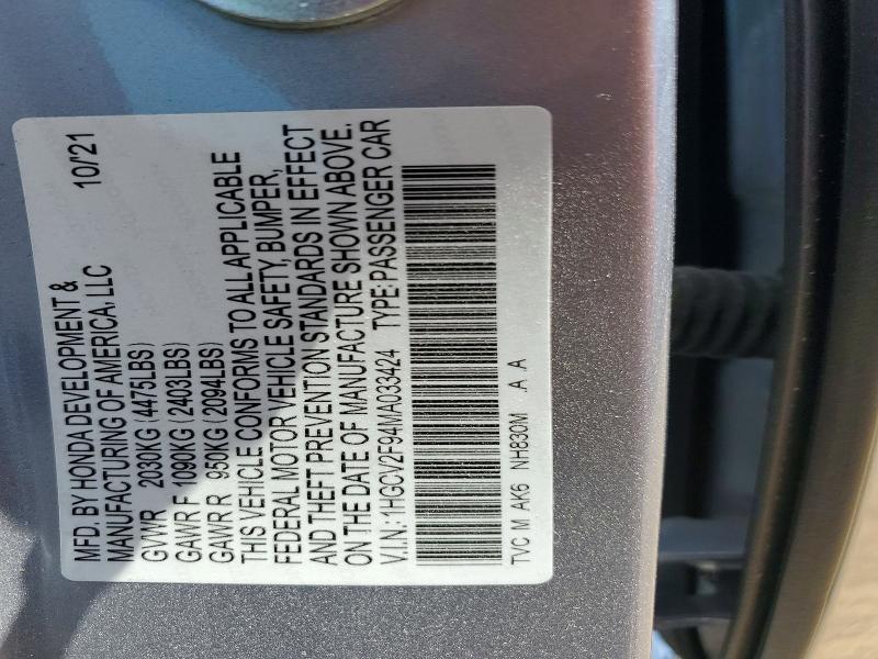 Aukcja sprzedaży 2021 Honda Accord, vin: 1HGCV2F94MA033424, numer aukcji: 55965066