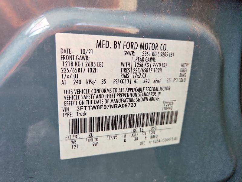 Продаж на аукціоні авто 2022 Ford Maverick, vin: 3FTTW8F97NRA08720, номер лоту: 58263076