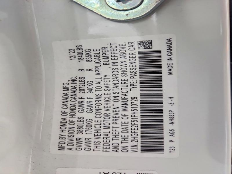 Продажа на аукционе авто 2023 Honda Civic, vin: 2HGFE2F51PH510729, номер лота: 57240836
