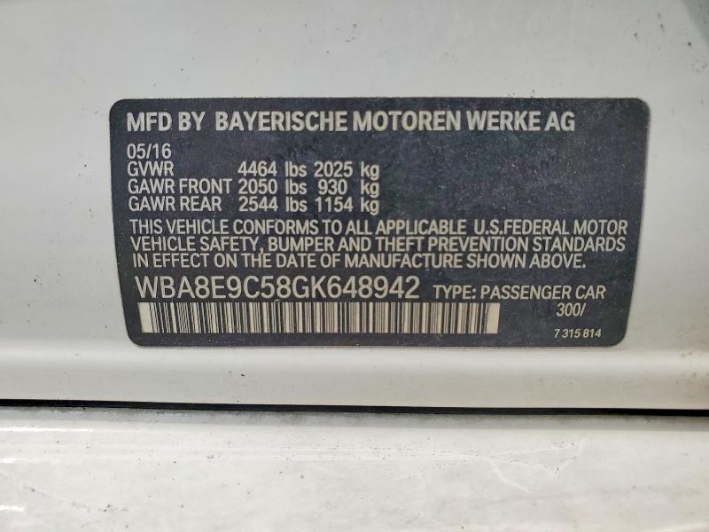 2016 Bmw 328 მანქანა იყიდება აუქციონზე, vin: WBA8E9C58GK648942, აუქციონის ნომერი: 58929916