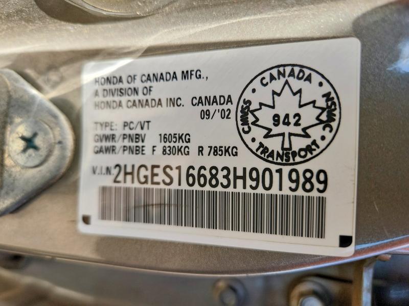 2003 Honda Civic მანქანა იყიდება აუქციონზე, vin: 2HGES16683H901989, აუქციონის ნომერი: 57952026