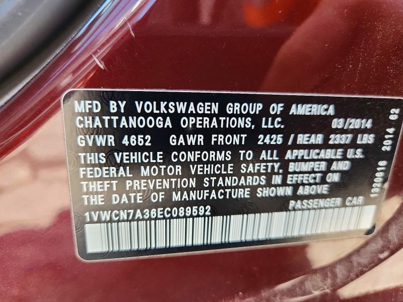 Aukcja sprzedaży 2014 Volkswagen Passat, vin: 1VWCN7A36EC089592, numer aukcji: 58535396