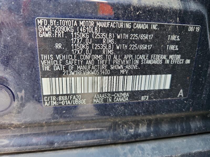 Aukcja sprzedaży 2019 Toyota Rav4, vin: 2T3W1RFV9KW051400, numer aukcji: 57629686