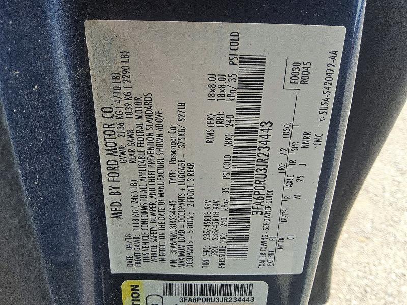 Aukcja sprzedaży 2018 Ford Fusion, vin: 3FA6P0RU3JR234443, numer aukcji: 58031646
