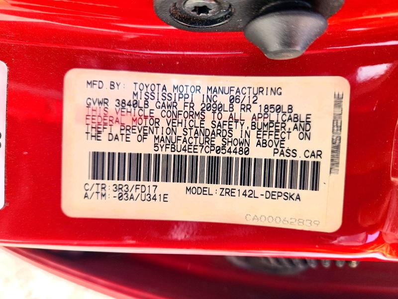 Aukcja sprzedaży 2012 Toyota Corolla, vin: 5YFBU4EE7CP054480, numer aukcji: 56054346