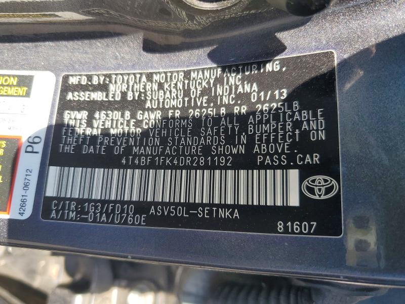 Продаж на аукціоні авто 2013 Toyota Camry, vin: 4T4BF1FK4DR281192, номер лоту: 58437436
