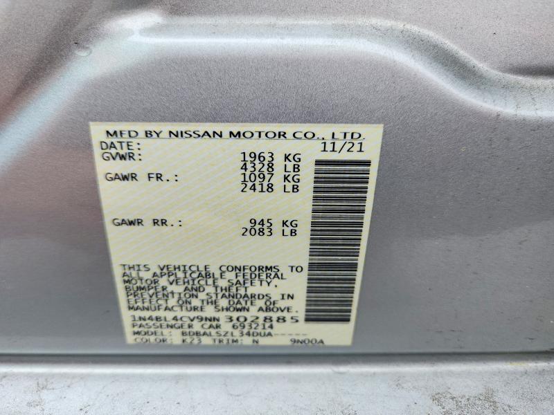 58230396 :رقم المزاد ، 1N4BL4CV9NN302885 vin ، 2022 Nissan Altima مزاد بيع