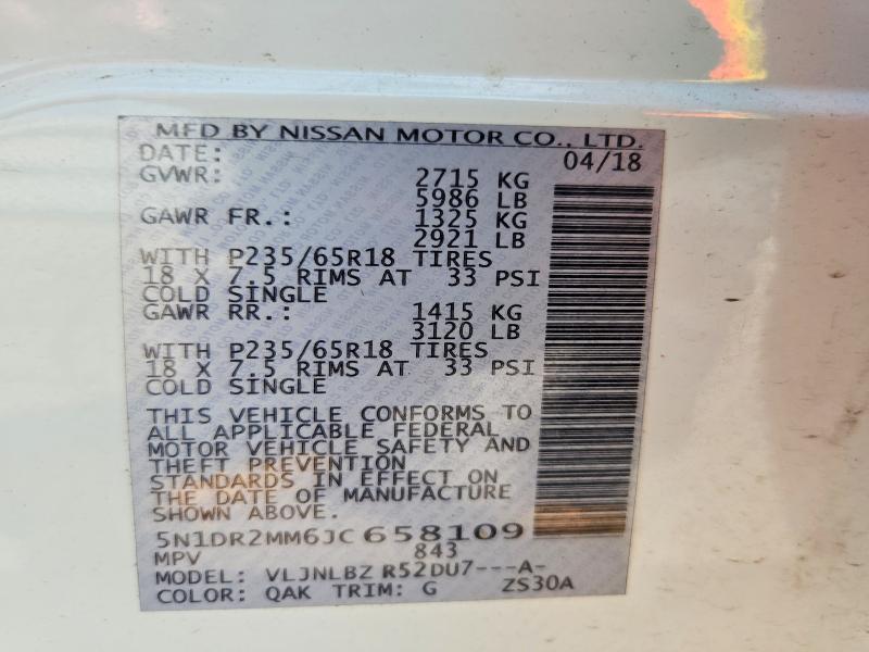 2018 Nissan Pathfinder მანქანა იყიდება აუქციონზე, vin: 5N1DR2MM6JC658109, აუქციონის ნომერი: 57779716